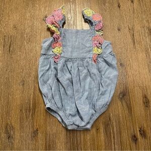 3/20$ Old Navy Blue Baby Romper with Floral Ruffle Details size 18-24 months